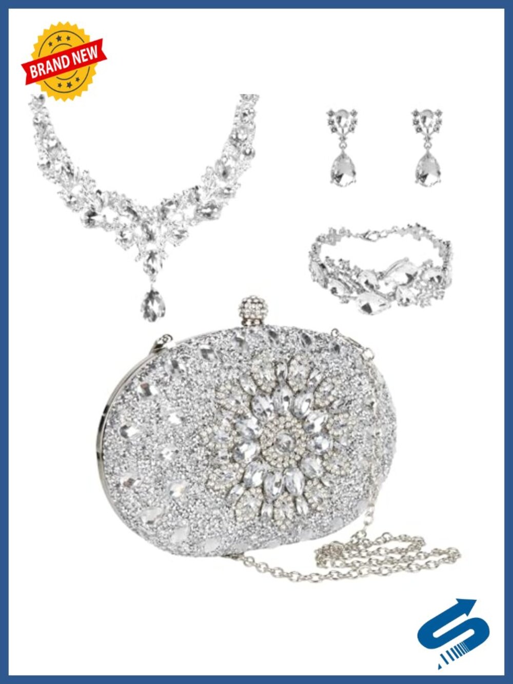 Rhinestone Jewelry Set with Clutch Purse Necklace Earrings Bracelet Alloy